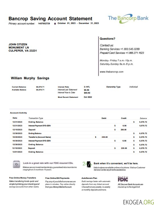 Modèle Word et PDF de relevé bancaire USA Bancorp